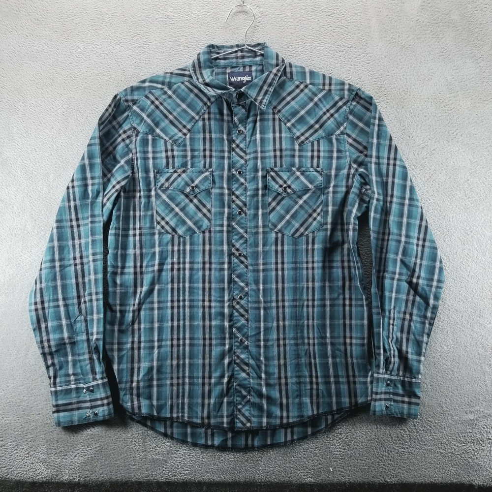 Wrangler Shirt Mens‎ L Blue Western Plaid Pearl Snap Button Up Cowboy Flannel